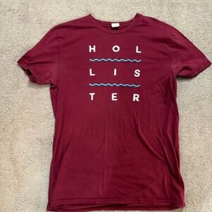 Hollister Y2K Men's Embroidered T-Shirt Red,‎ White, and Blue Wave Size Large